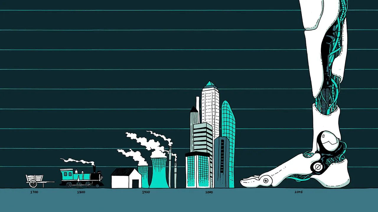 Illustration of historical technological progress, from railroads to AI